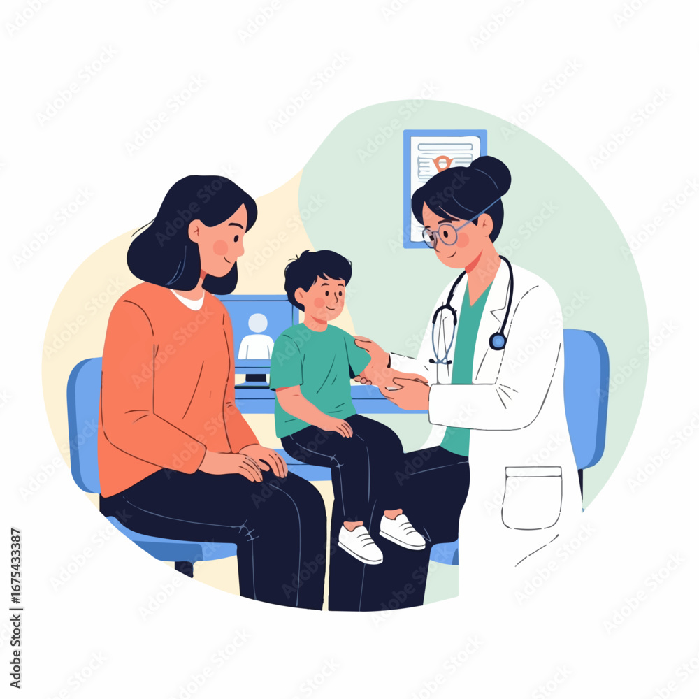 Fototapeta premium A young boy sits with his mother while a doctor examines his arm during a checkup in a calm and reassuring doctor's office.
