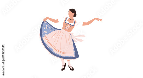 Graceful woman in a traditional Bavarian dirndl dress dancing in a flat vector style.