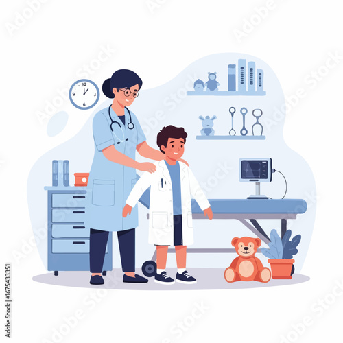 A friendly pediatrician helps a smiling boy try on a doctor's coat in a cheerful pediatric clinic.