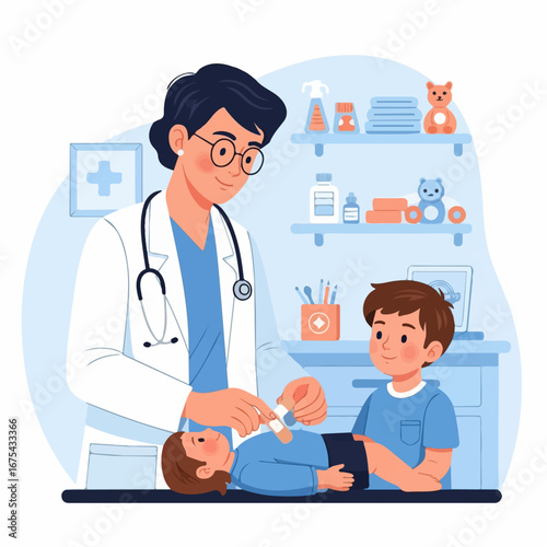A compassionate pediatrician applies a bandage to a young child while their sibling watches in a brightly colored clinic.