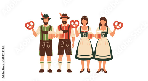 Group of Bavarian People Holding Pretzels and Beer, Oktoberfest Celebration
