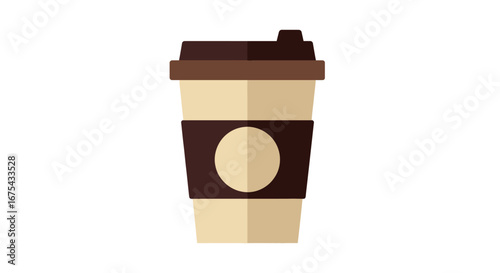 Minimalist flat design coffee cup with dark brown lid and protective sleeve