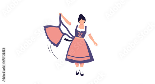 Minimalist illustration of a woman in a traditional Bavarian dirndl, dancing and holding her apron.