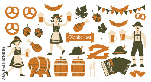 Oktoberfest Celebration: Traditional German Food, Beer, and Costumes Illustration