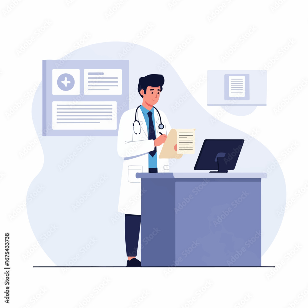 A male doctor in a white coat attentively reviews medical documents at his desk in a calm, modern clinic. A male doctor in a white coat attentively reviews medical documents at his desk in a calm, modern clinic.