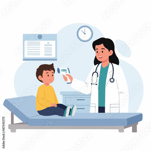A smiling female doctor uses a non-contact thermometer to check the temperature of a young boy during a checkup in her office.