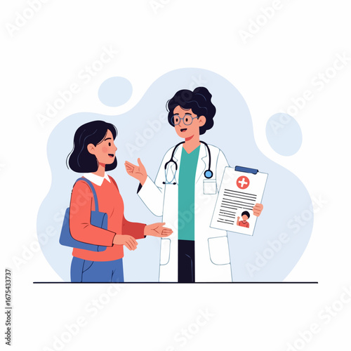 A friendly female doctor explains a medical report to a patient during a consultation, fostering trust and care.