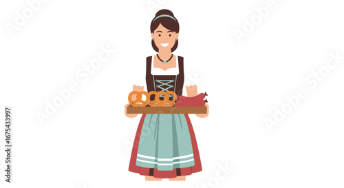Smiling Bavarian woman in a traditional dirndl dress holding a tray of pretzels and sausages.