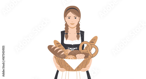Smiling woman with braided hair in a traditional dirndl holding a wicker basket of assorted fresh bread and pretzels.