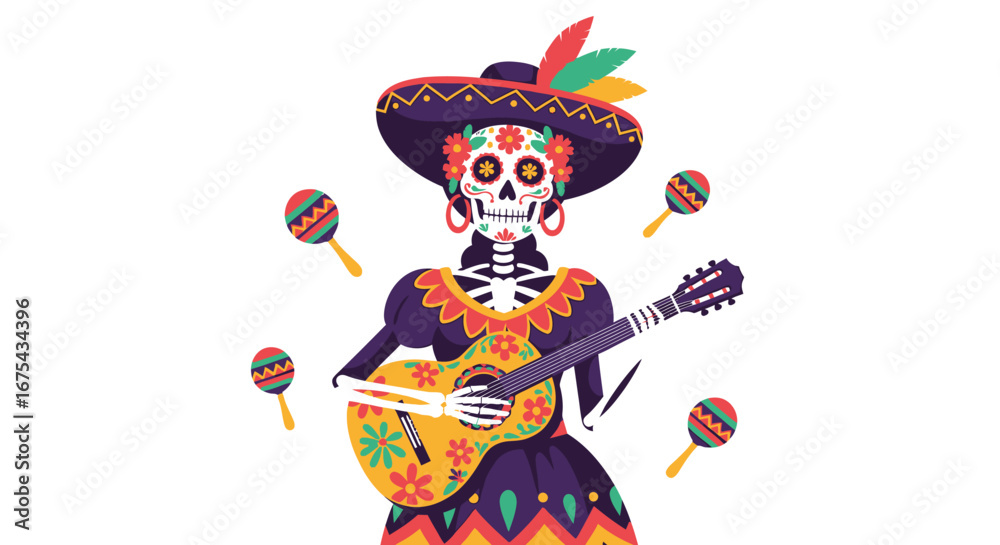 Naklejka premium Vibrant Calavera Skeleton Musician in Ornate Sombrero with Feathers, Playing Floral Guitar, Surrounded by Maracas