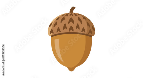 Stylized vector illustration of a single brown acorn with a patterned cap and glossy nut.
