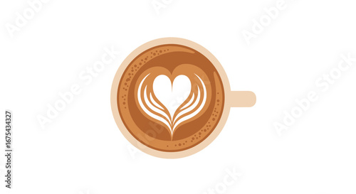 Top view of a coffee cup with latte art heart design