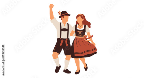Traditional German couple in Bavarian Lederhosen and Dirndl, celebrating with raised arm, flat vector illustration.