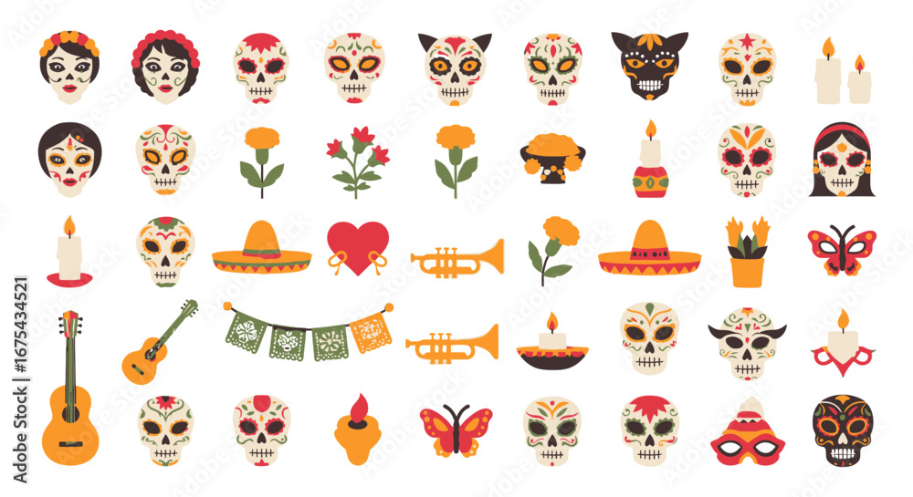 Obraz premium Vibrant Day of the Dead Sugar Skull and Cultural Icon Collection