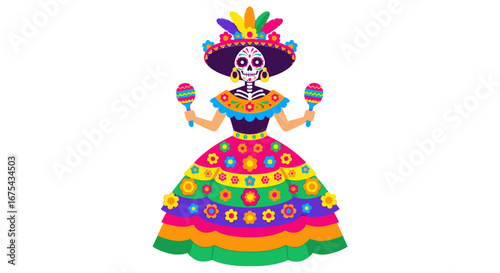 Vibrant Catrina skeleton in traditional Mexican dress, holding maracas, adorned with flowers and feathers
