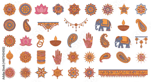 Vibrant Indian cultural elements collection: mandalas, elephants, lotus, paisley, diyas, mehndi hands, bangles, borders.
