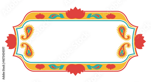 Vibrant Indian truck art style frame with red lotus flowers and yellow paisley motifs.