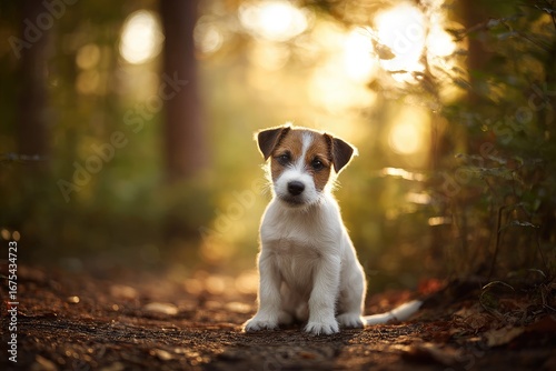 Fototapeta Naklejka Na Ścianę i Meble -  Adorable Jack Russell puppy sits on forest path, bathed in golden sunlight
