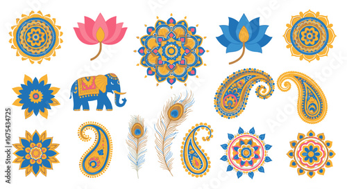 Vibrant set of Indian decorative motifs with mandalas, paisley patterns, lotus flowers, an elephant, and peacock feathers.