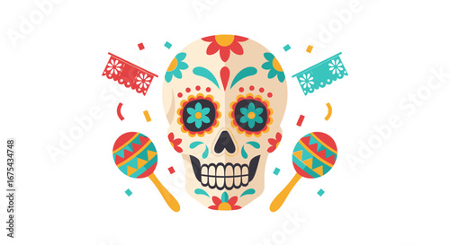 Vibrant Sugar Skull with Floral Decorations, Maracas, and Papel Picado in Festive Flat Design