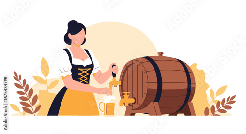 Woman in a traditional dirndl pouring fresh foamy beer from a wooden barrel into a mug.