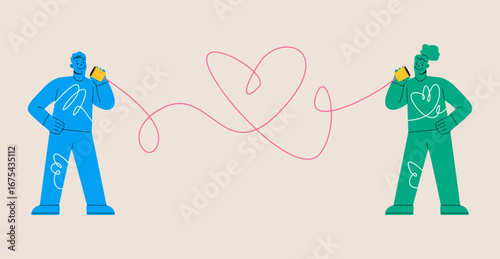 Man and woman talking using handcrafted wired string telephone to each others. Colorful vector illustration