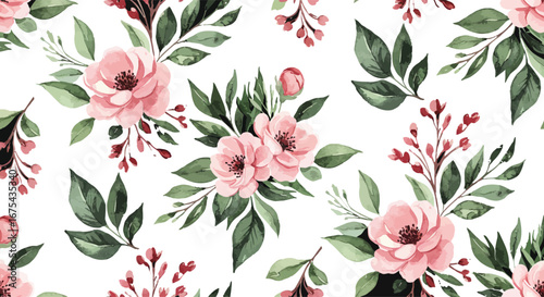 Seamless watercolor pattern featuring delicate pink flowers, lush green leaves, and small red berries on a pristine white background, perfect for textiles or digital designs.