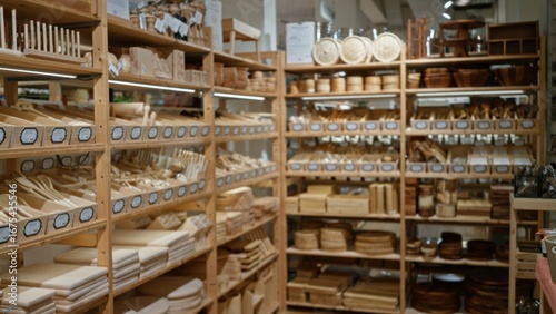 Tableau sur toile Blurred shelves in a shop displaying wooden kitchen utensils and decor items indoors with warm lighting creating a cozy shopping atmosphere