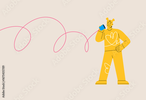 Woman using phone paper cup talking. Colorful vector illustration