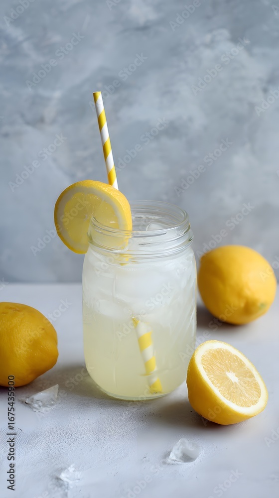 Fototapeta premium Healthy lemon detox in mason jar with straw, minimal style and clean upper area for tips