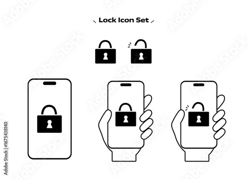 Lock Icon Set with Smartphone Security and Hand Holding Mobile Phone Illustration