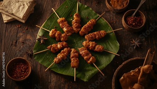 An artful arrangement of grilled satay skewers on a banana leaf, surrounded by spices on a dark wooden surface.