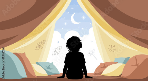 Silhouette of a child sitting in a cozy tent at night with a moonlit sky outside.