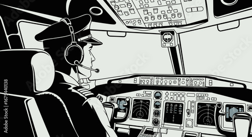 Illustration of a pilot wearing a headset in the cockpit of an airplane with a monochromatic color scheme.