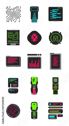 Collection of various neon-infused interface elements and icons on a white background
