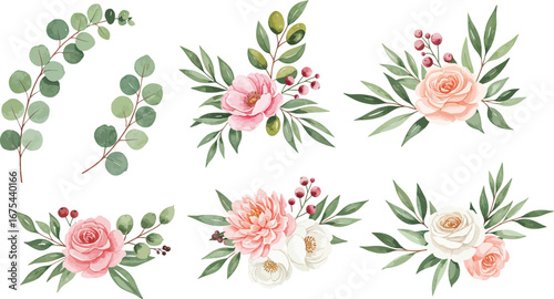 Set of watercolor floral designs with roses, peonies, eucalyptus, and berries.