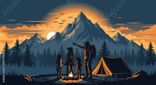 Illustration of friends camping and gazing at mountains during sunset with warm tones