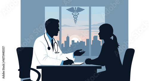Silhouette of a doctor and patient discussing health in a modern office with a cityscape view.