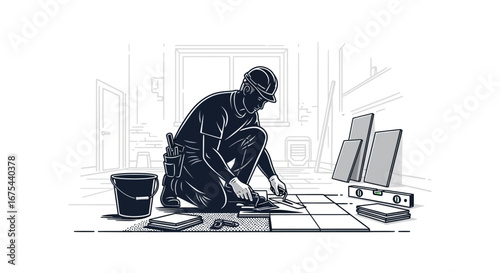 Man laying tiles on a floor with tools and materials