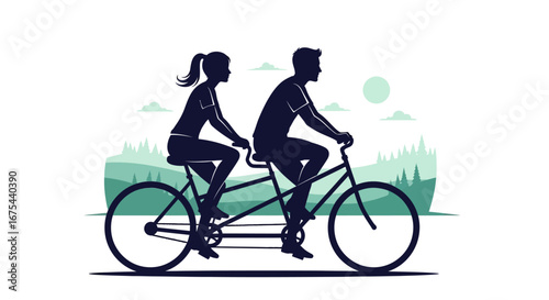 Silhouette illustration of a couple riding a tandem bicycle in a green landscape
