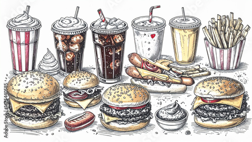 Hand drawn traditional American diner food set with burgers, fries, hot dogs, milkshakes, and soda