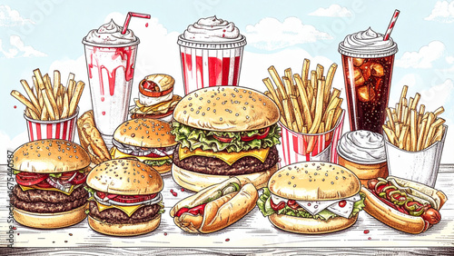 Hand drawn traditional American diner food set with burgers, fries, hot dogs, milkshakes, and soda