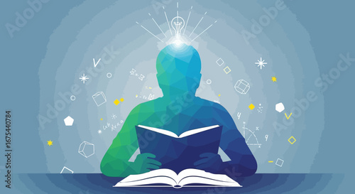Illustration of a person studying with glowing light and symbols