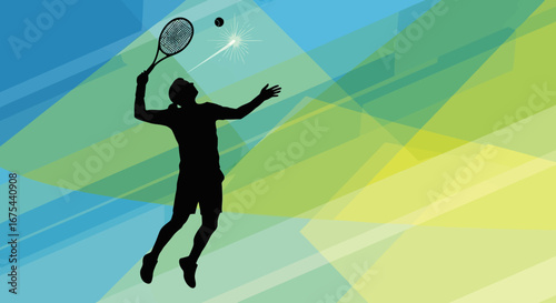 Silhouette of a tennis player jumping to hit a ball with a racket against a vibrant abstract background with geometric shapes in shades of blue, green, and yellow.