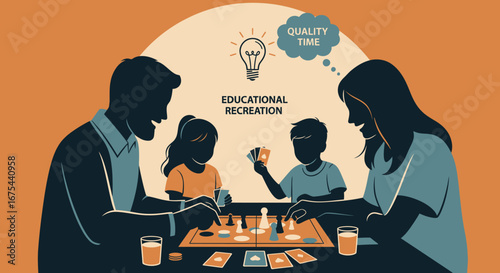 Flat illustration of a family playing a board game together at home with educational and recreational elements