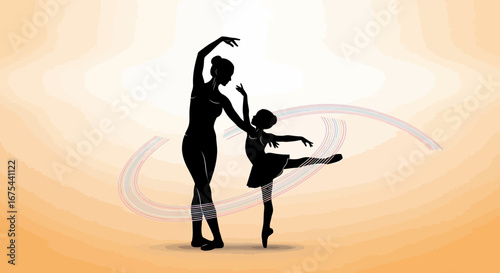 Silhouette of a woman teaching a young girl ballet in an orange studio
