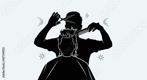 Silhouette of a barber cutting hair with scissors, with motion lines and stars on a white background.