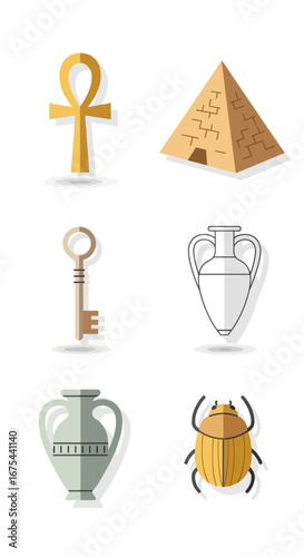 Flat lay illustration of ancient Egyptian symbols and artifacts on a white background