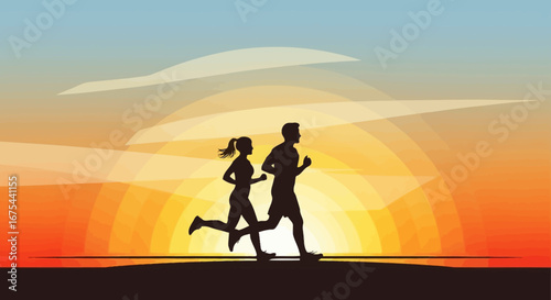 Silhouette of a couple jogging at sunset with vibrant orange and blue hues