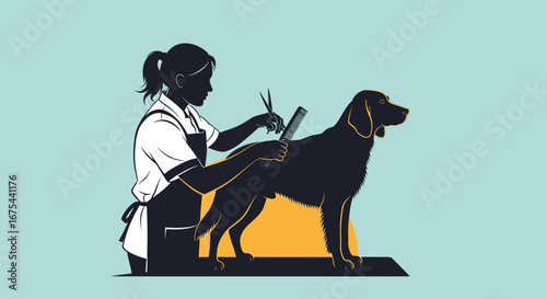 Illustration of a woman grooming a dog with scissors on a table against a light blue background.